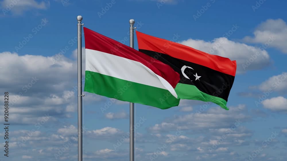 Libya and Hungary flags flying together, video concept of the relationship, two country cooperation concept Libya and Hungary flags flying together, video concept of the relationship, two country cooperation concept