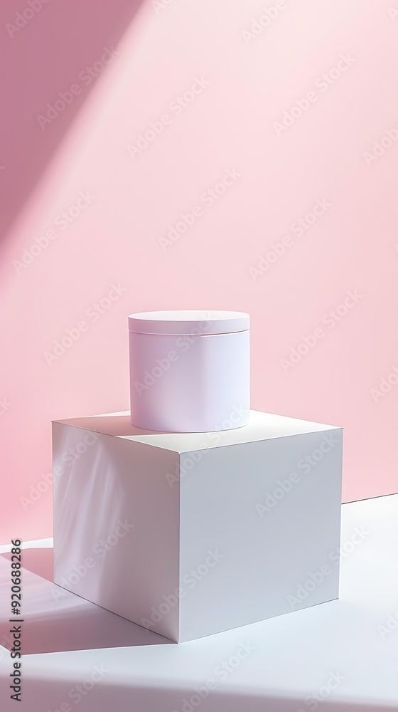 A minimalist image of a white cylindrical product container on a white pedestal with a soft pink background, ideal for beauty, skincare, or product packaging presentations, A minimalist image of a white cylindrical product container on a white pedestal with a soft pink background, ideal for beauty, skincare, or product packaging presentations,