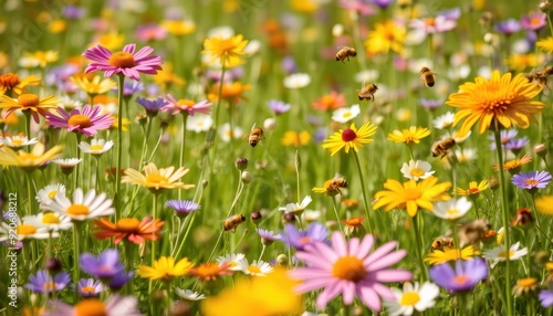 Bees Pollinating Flowers in a Meadow.