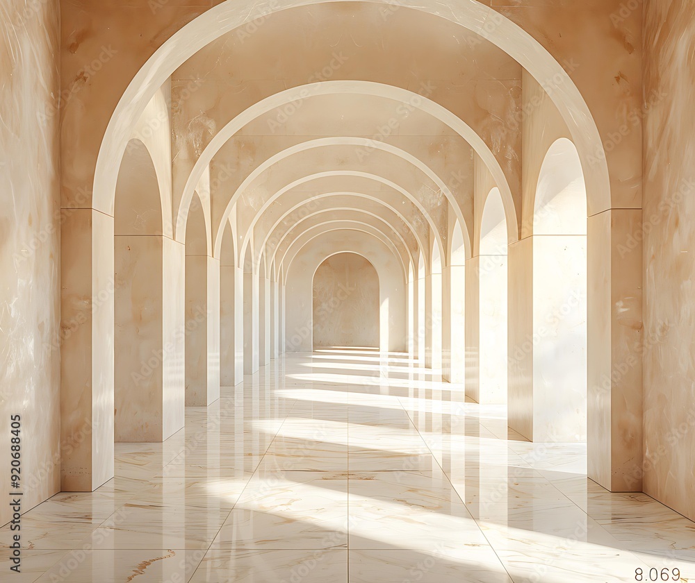 A sunlit marble corridor with elegant arches casting shadows, creating a sense of depth and tranquility, Ideal for design inspiration, architecture portfolios, and themes of minimalism or luxury, A sunlit marble corridor with elegant arches casting shadows, creating a sense of depth and tranquility, Ideal for design inspiration, architecture portfolios, and themes of minimalism or luxury,
