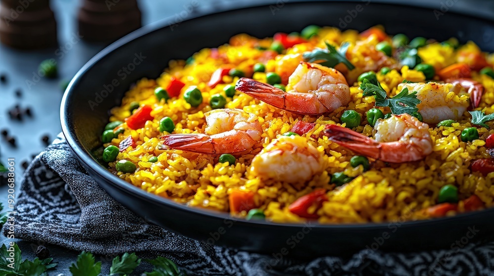 A mouthwatering bowl of shrimp paella with colorful vegetables, garnished and ready to enjoy at a rustic dining table A mouthwatering bowl of shrimp paella with colorful vegetables, garnished and ready to enjoy at a rustic dining table