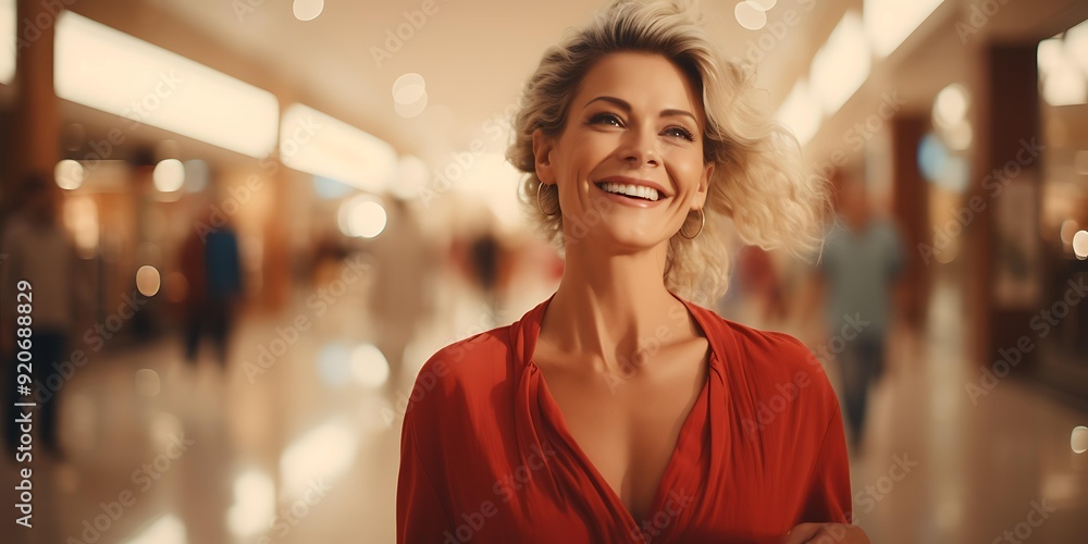 A woman with blonde hair and a red blouse smiles joyfully in a modern, softly lit shopping mall perfect for ads emphasizing happiness, retail therapy, or lifestyle themes, A woman with blonde hair and a red blouse smiles joyfully in a modern, softly lit shopping mall perfect for ads emphasizing happiness, retail therapy, or lifestyle themes,