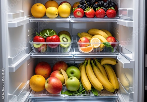 Wallpaper Mural Open fridge filled with colorful summer fruits and vegetables: bananas, kiwi, apples, berries, and lemon. Healthy vegan diet Torontodigital.ca