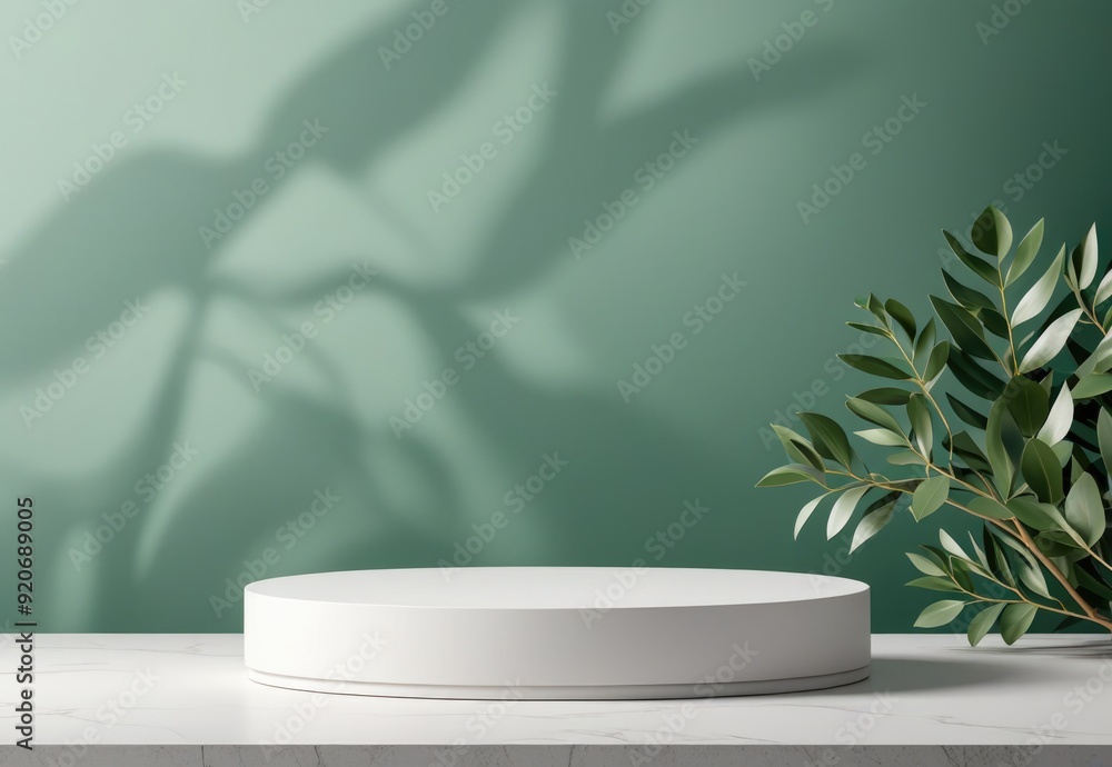 Podium background for cosmetic product display: green platform with eucalyptus leaves, white 3D beauty scene Podium background for cosmetic product display: green platform with eucalyptus leaves, white 3D beauty scene