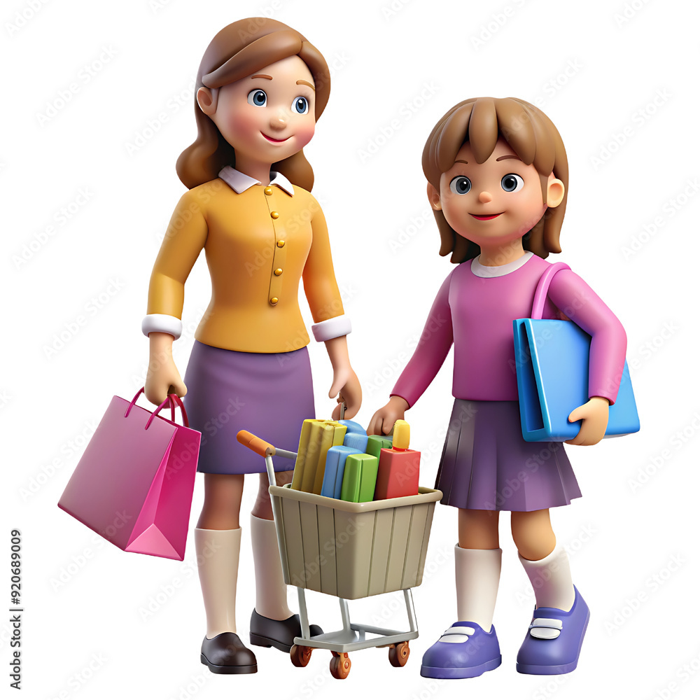 3D Mother and Daughter Shopping Adventure with Trolley and Bags 3D Mother and Daughter Shopping Adventure with Trolley and Bags