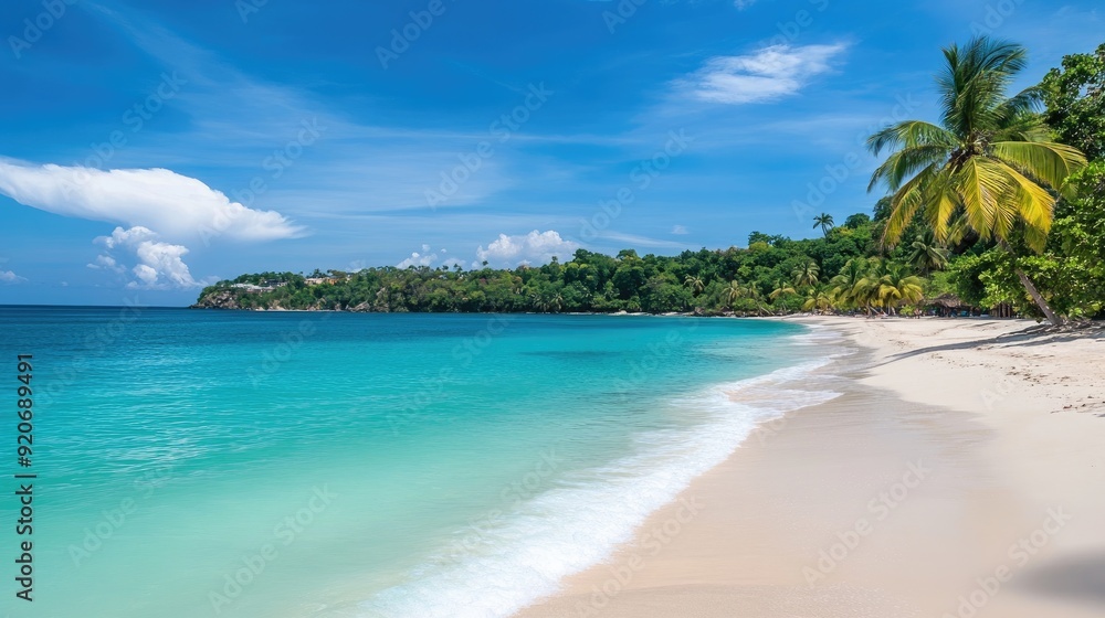 Stunning Jamaican beach with turquoise waters and palm trees, set against a bright blue sky. Stunning Jamaican beach with turquoise waters and palm trees, set against a bright blue sky.