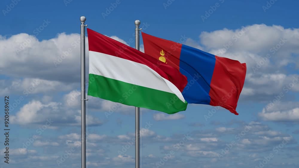 Mongolia and Hungary flags flying together, video concept of the relationship, two country cooperation concept Mongolia and Hungary flags flying together, video concept of the relationship, two country cooperation concept