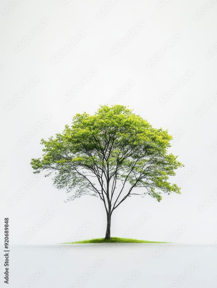 arge tree with green leaves stands alone on a white background. The tree is the main focus of the image, and its size and color contrast with the white background. with generative ai