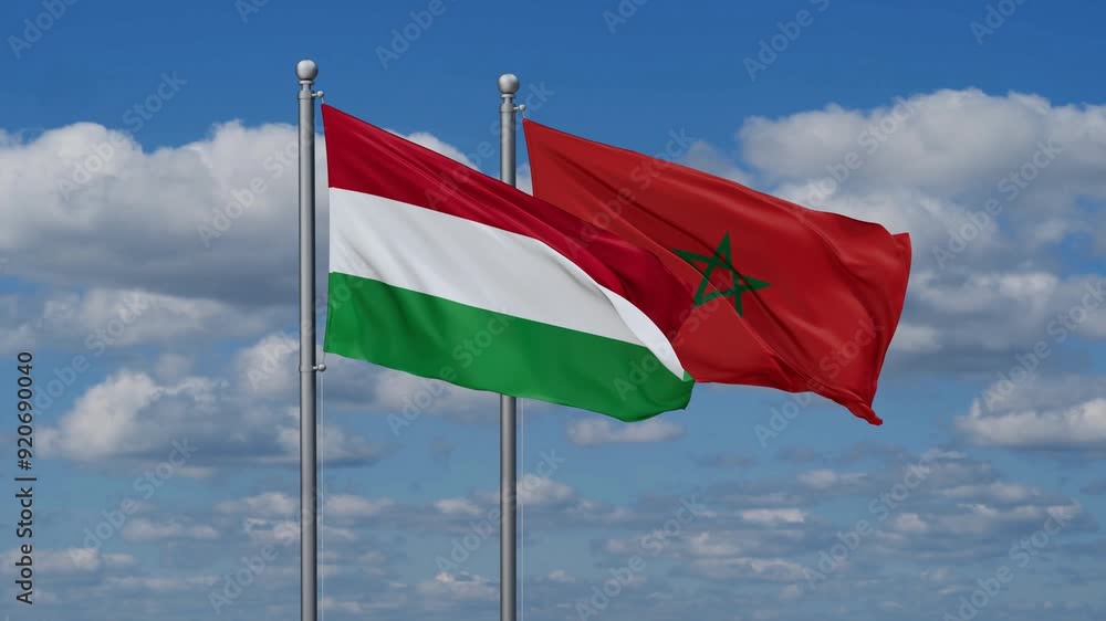 Morocco and Hungary flags flying together, video concept of the relationship, two country relations concept Morocco and Hungary flags flying together, video concept of the relationship, two country relations concept