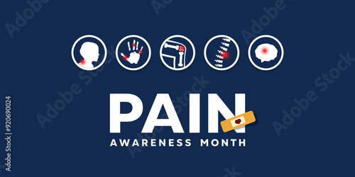 September is the month of Pain Awareness. Back, hand, knee, spine and brain. Suitable for cards, banners, posters, social media and more. Dark blue background.