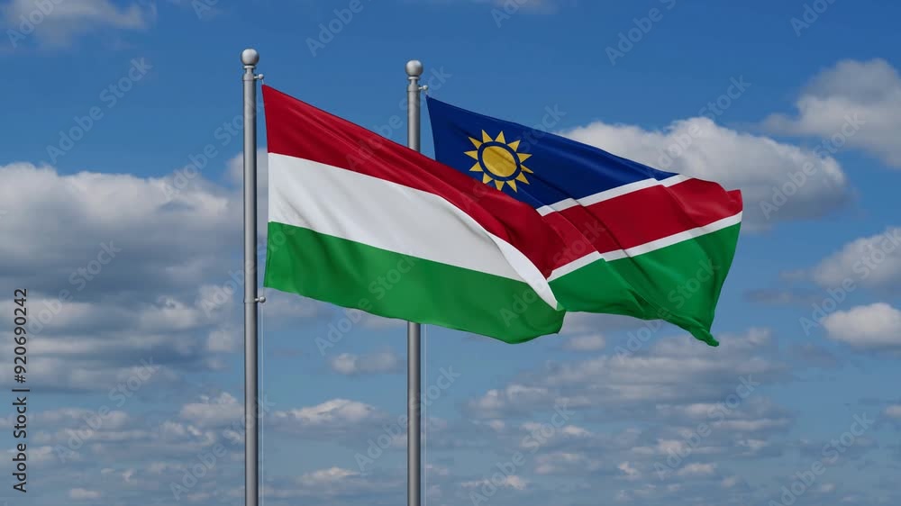 Hungary and Namibia flags flying together, video concept of the relationship, two country relations concept Hungary and Namibia flags flying together, video concept of the relationship, two country relations concept