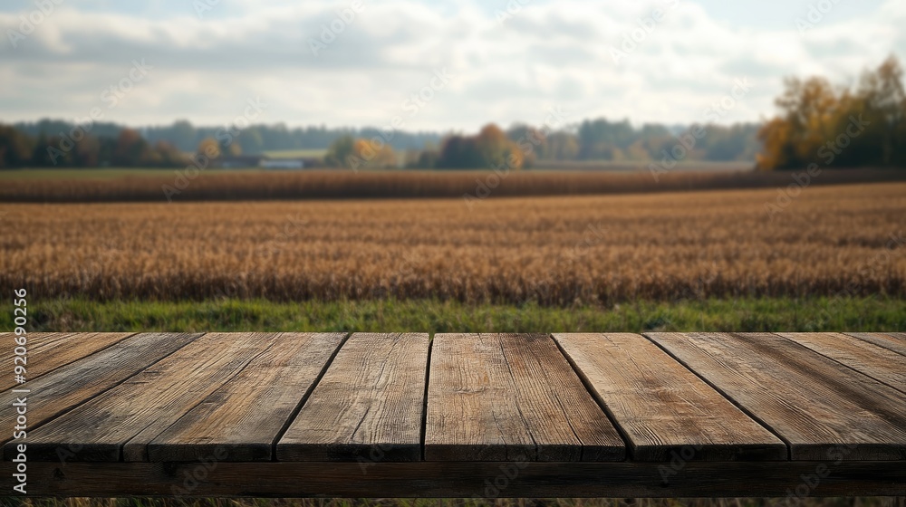 Rustic wooden table in the foreground with a softly blurred farm field stretching out in the background, perfect for product display Rustic wooden table in the foreground with a softly blurred farm field stretching out in the background, perfect for product display