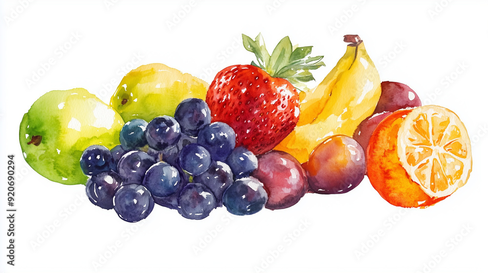 A watercolor illustration of mixed fruits, including strawberries, kiwis, and grapes, is set against a clean white background, highlighting the bright colors and delicate textures of each piece A watercolor illustration of mixed fruits, including strawberries, kiwis, and grapes, is set against a clean white background, highlighting the bright colors and delicate textures of each piece