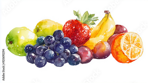 A watercolor illustration of mixed fruits, including strawberries, kiwis, and grapes, is set against a clean white background, highlighting the bright colors and delicate textures of each piece