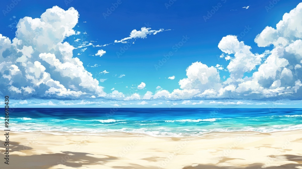 Fototapeta premium Summer beach with blue sky and scattered white clouds. Perfect for a tropical vacation.