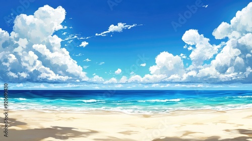 Summer beach with blue sky and scattered white clouds. Perfect for a tropical vacation.