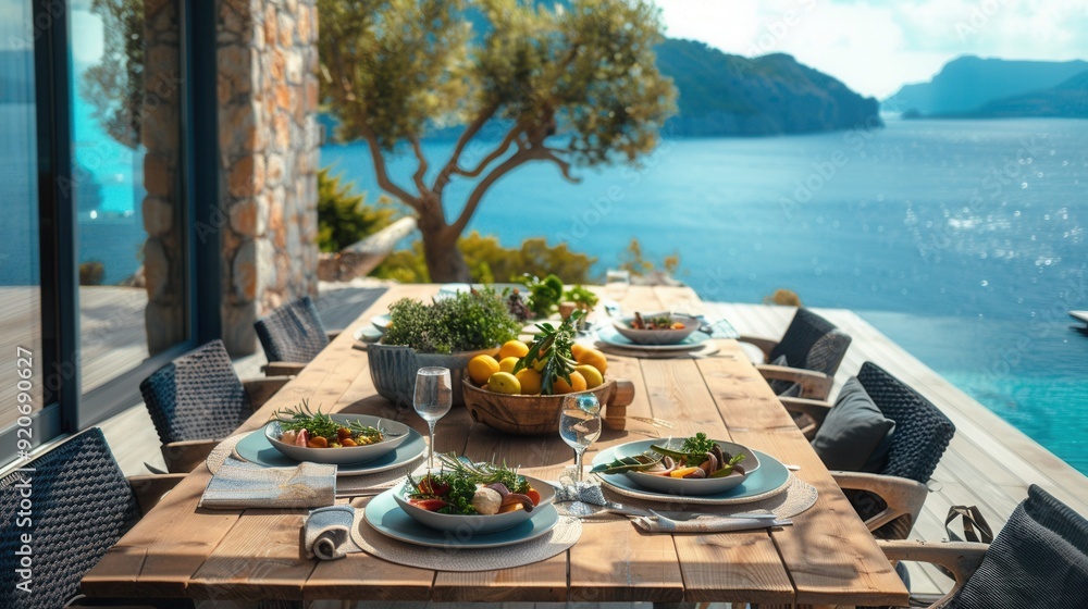 Fototapeta premium Luxury meal on table at vacation house with scenic view
