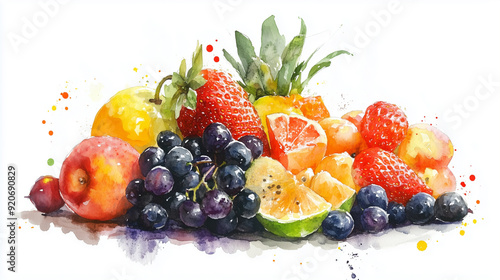 A watercolor illustration of mixed fruits, including strawberries, kiwis, and grapes, is set against a clean white background, highlighting the bright colors and delicate textures of each piece