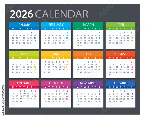2026 Calendar - illustration. Template. Mock up