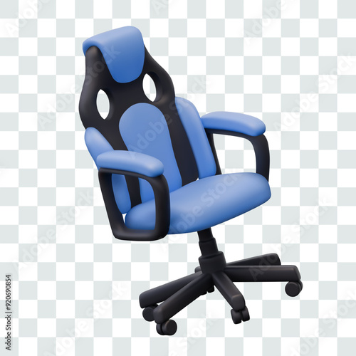 Realistic blue gaming chair. Ergonomic furniture for gamer, video blogger, tester