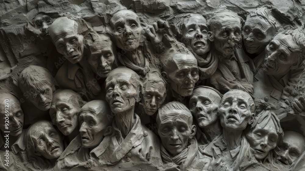 Fototapeta premium Multitude of sculpted faces in a monochromatic palette, showcasing a variety of expressions