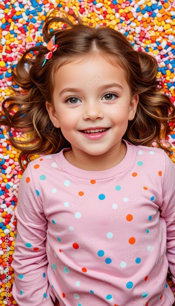 Overhead shot of a happy preschool girl smiling directly into the lens on a vibrant playroom floor Overhead shot of a happy preschool girl smiling directly into the lens on a vibrant playroom floor