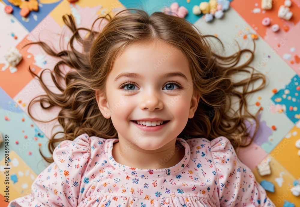 Overhead shot of a happy preschool girl smiling directly into the lens on a vibrant playroom floor Overhead shot of a happy preschool girl smiling directly into the lens on a vibrant playroom floor