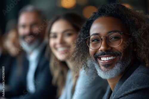 Diverse businesspeople smiling cheerfully during an office meeting, Generative AI