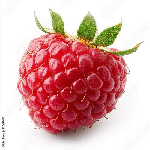 A fresh raspberry rests on a clean white background, its rich red color and delicate texture creating a vibrant visual appeal....... photo