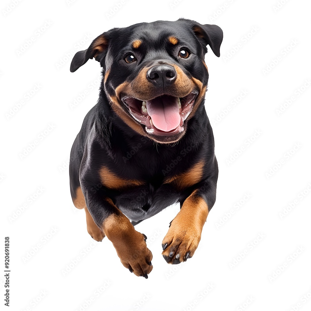 Happy Rottweiler Dog Running Joyfully on a white background. Happy Rottweiler Dog Running Joyfully on a white background.