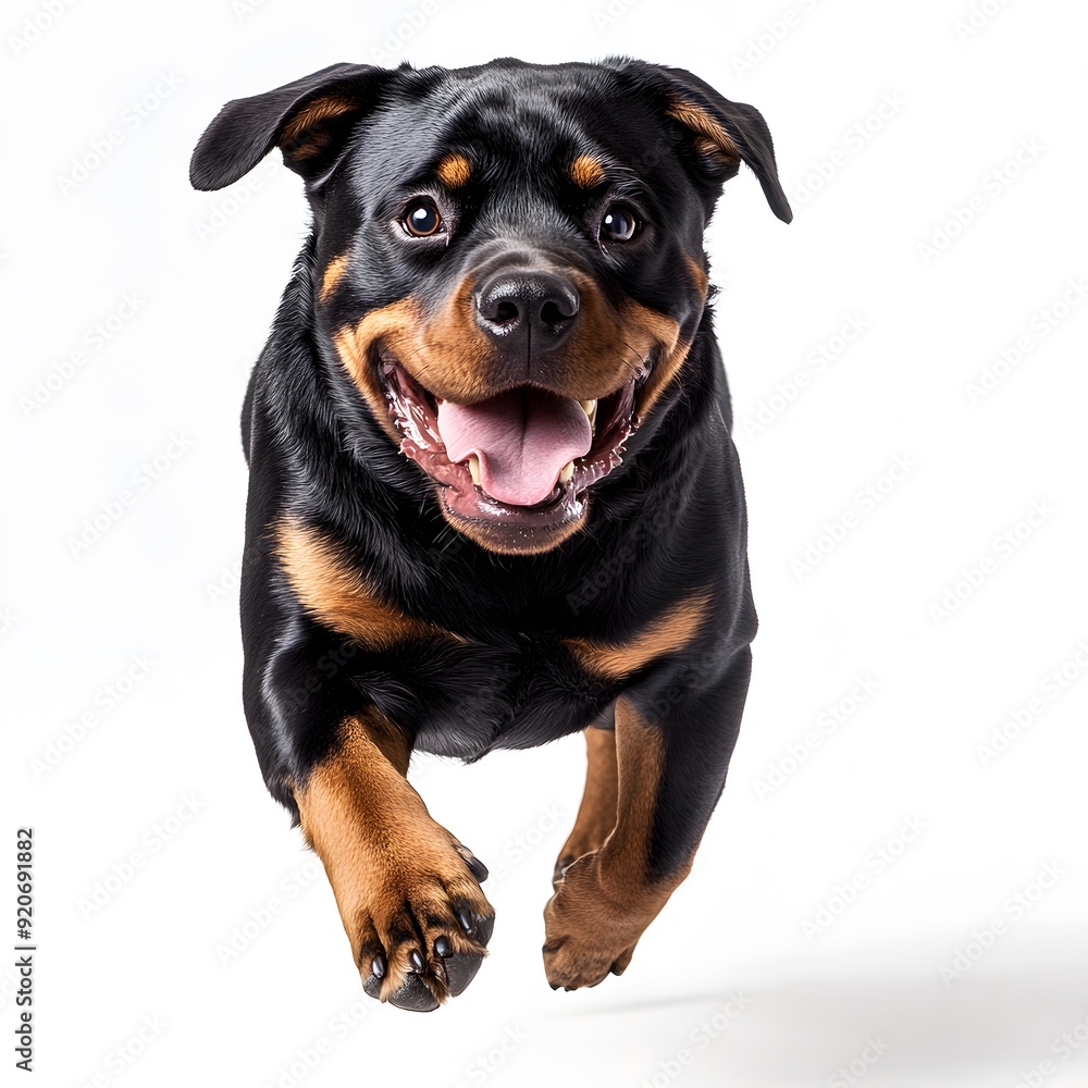 Happy Rottweiler Dog Running Joyfully on a white background. Happy Rottweiler Dog Running Joyfully on a white background.