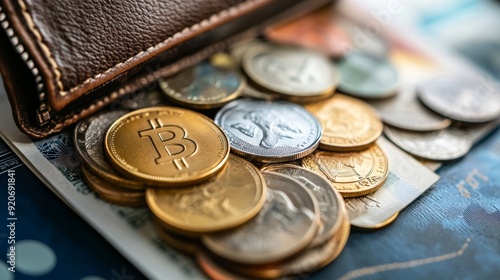 A close-up of a leather wallet with cryptocurrency coins, including Bitcoin, alongside various currencies and coins.