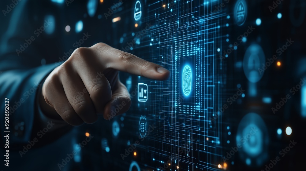 Person interacting with a digital interface featuring blue circuitry and biometric data in a modern technology setting Person interacting with a digital interface featuring blue circuitry and biometric data in a modern technology setting