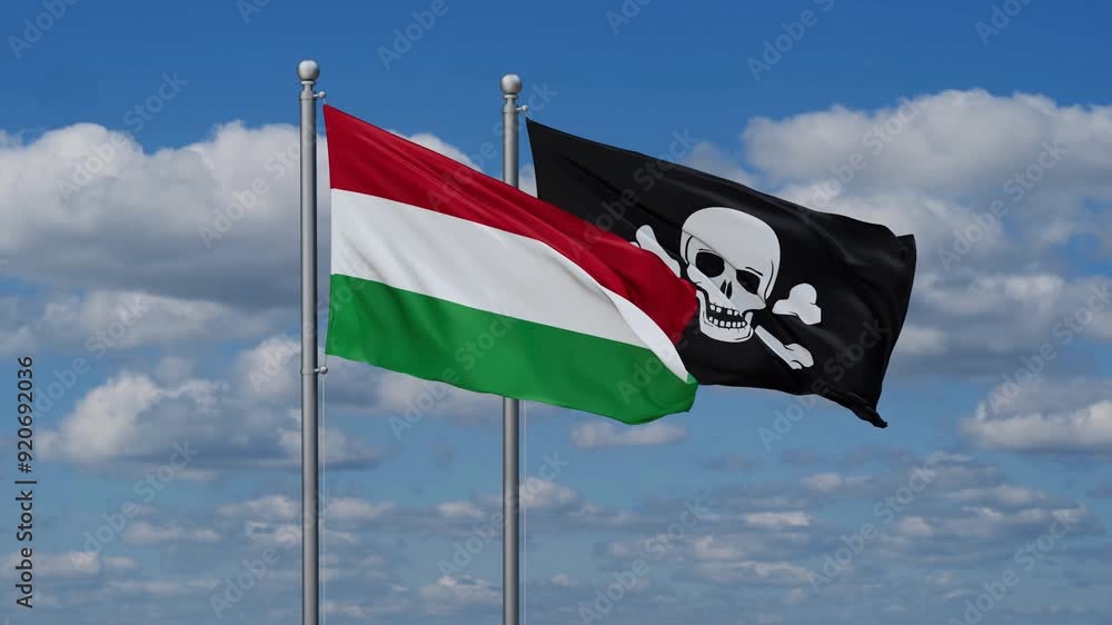 Hungary and Jolly Roger or pirate flags flying together, video concept of the relationship Hungary and Jolly Roger or pirate flags flying together, video concept of the relationship