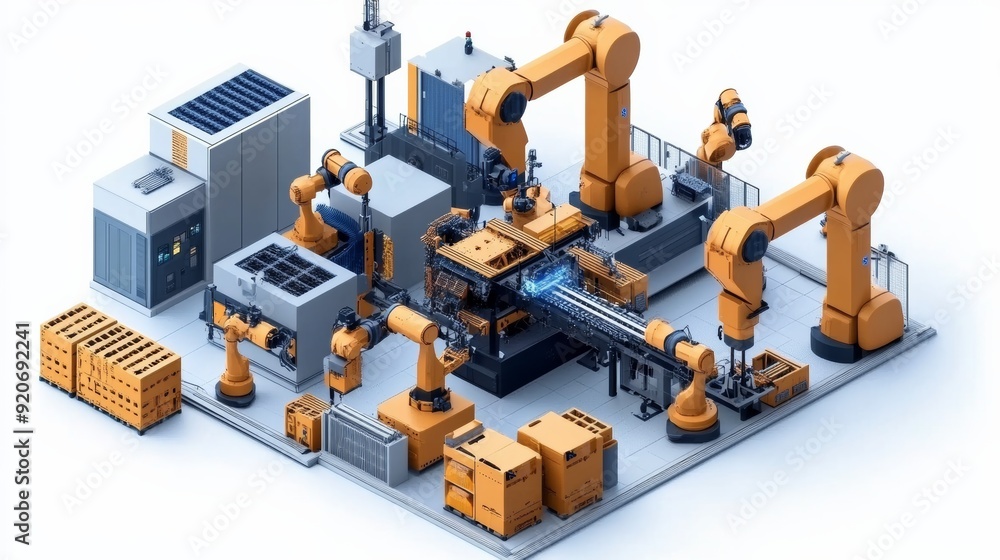 A modern industrial factory featuring robotic arms for automated production processes. A modern industrial factory featuring robotic arms for automated production processes.
