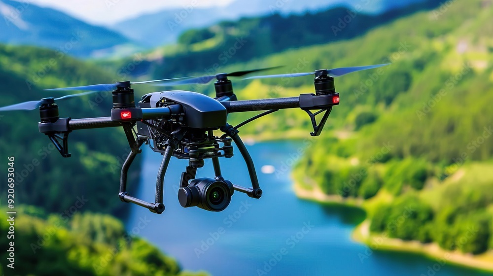 Drone flying over a lake in a mountainous landscape. Drone flying over a lake in a mountainous landscape.