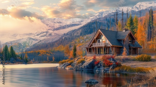 Fototapeta Naklejka Na Ścianę i Meble -  Vacation house with scenic view in Fall with colorful foliage by lake