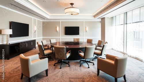 Modern Meeting Room Interior with Round Table and Chairs.