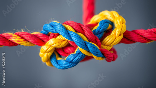 Colorful knot made from red, yellow, and blue ropes