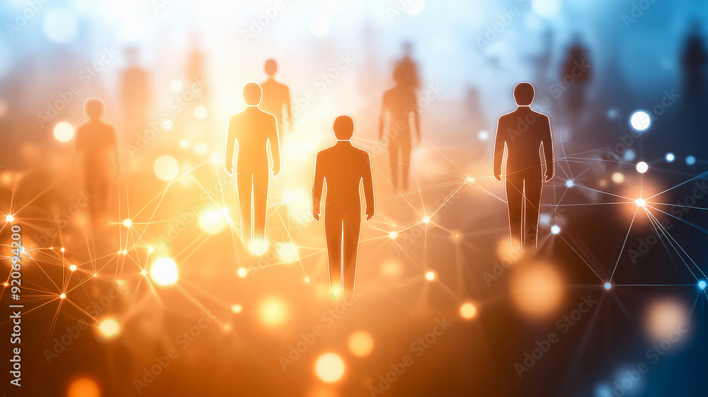 Fototapeta premium Career opportunities, HR background. Silhouette of employees on golden bokeh.