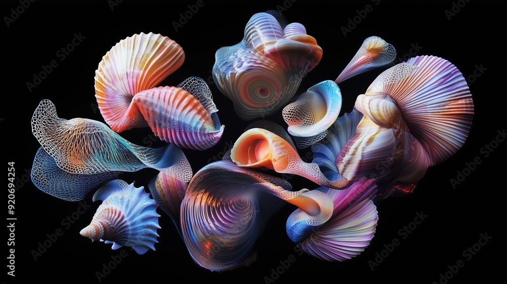 Colorful 3D render of various seashells swirling against a black background Colorful 3D render of various seashells swirling against a black background