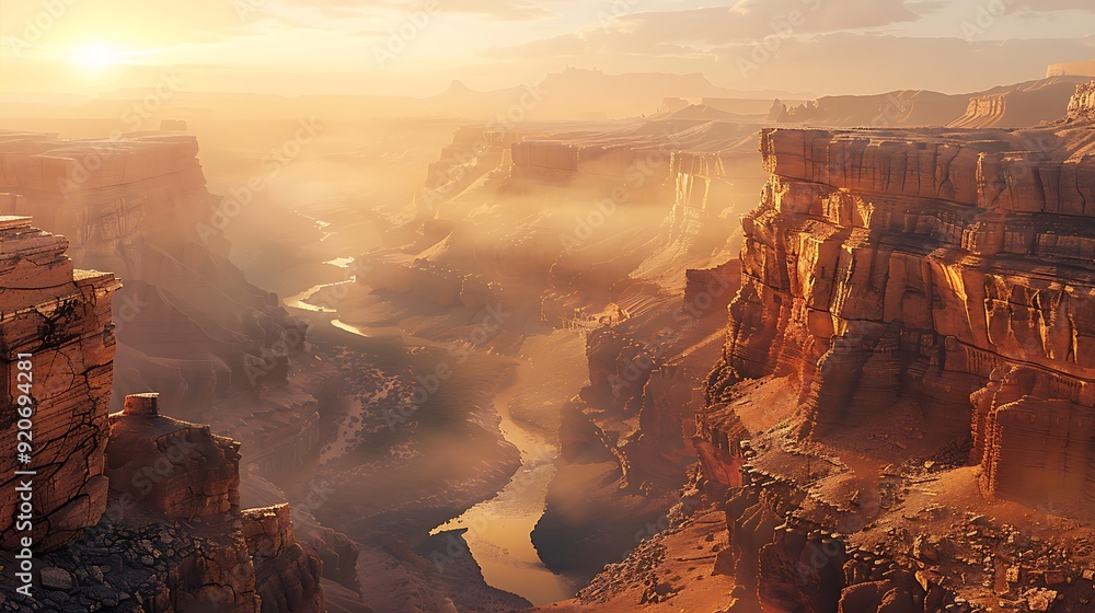 Obraz premium A digital artwork of a canyon with rugged rock formations and a winding river, misty morning with soft glow, detailed and tranquil, capturing the enchanting and serene ambiance, hd quality,
