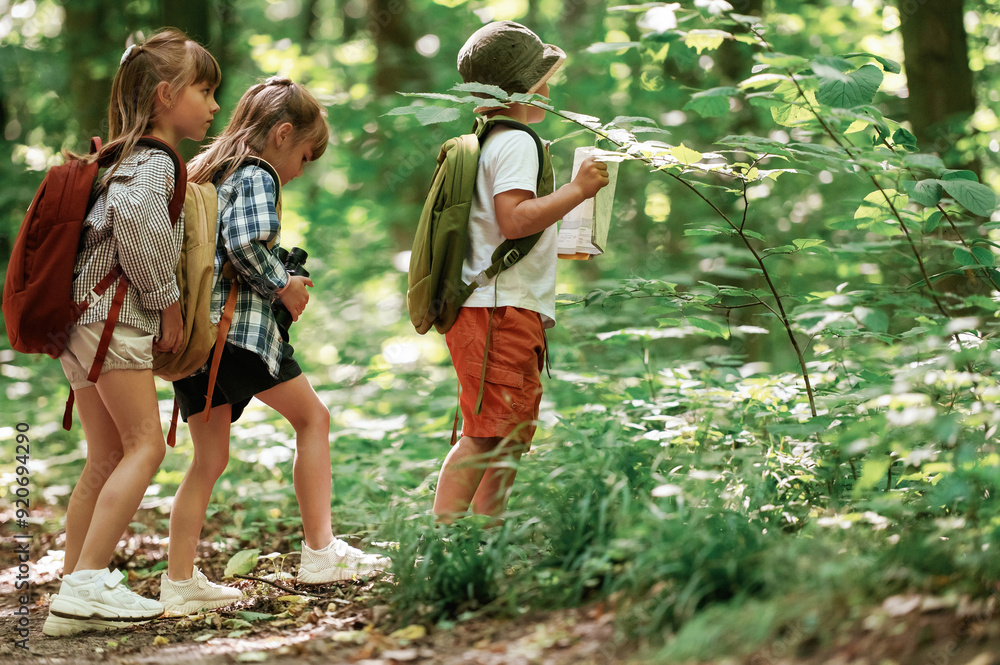 custom made wallpaper toronto digitalTwo girls and a boy. Kids in forest at summer daytime together