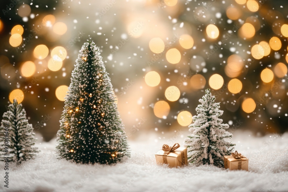 Artificial snow, artificial Christmas trees against a background of blurry lights. Christmas gifts concept. Christmas background. Selective focus with generative ai Artificial snow, artificial Christmas trees against a background of blurry lights. Christmas gifts concept. Christmas background. Selective focus with generative ai