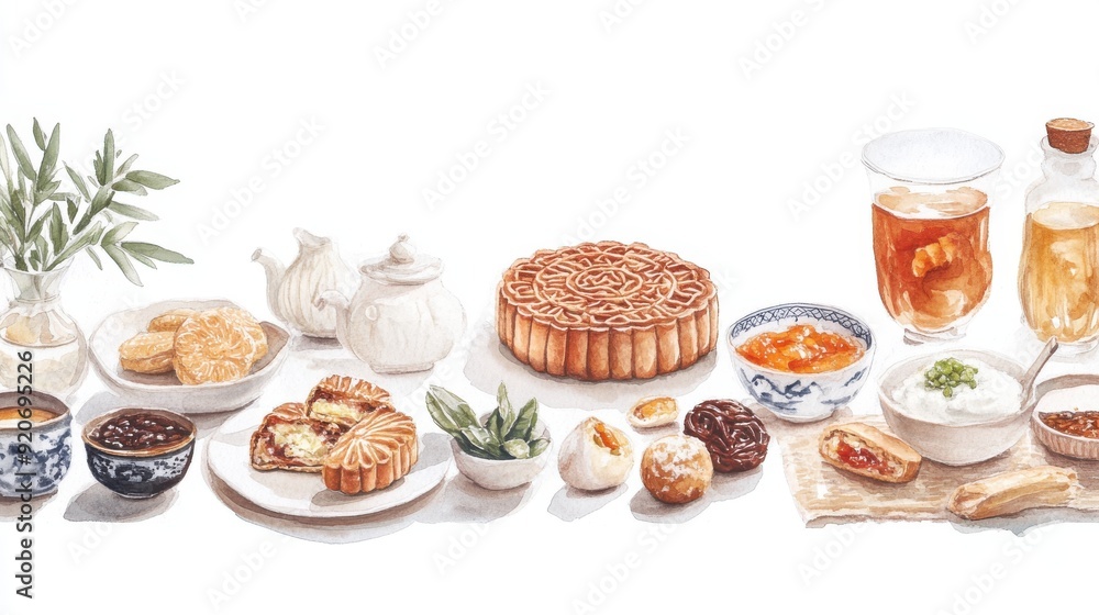 A watercolor of mooncake ingredients laid out on a table, rustic and detailed, isolated on white background A watercolor of mooncake ingredients laid out on a table, rustic and detailed, isolated on white background