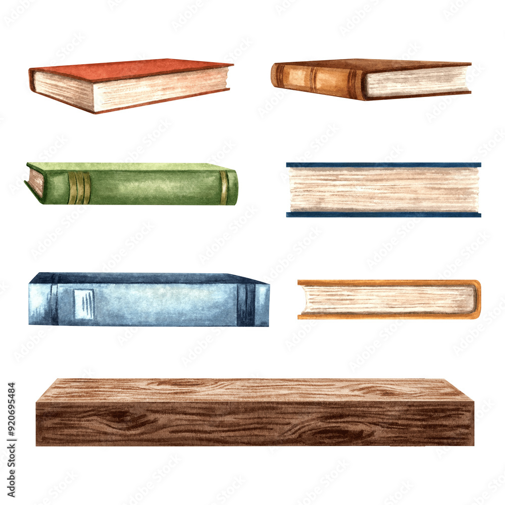 Books in bound autumn colors and wooden shelf. Set of isolated hand drawn watercolor illustrations. Concept library textbooks different angles. Knowledge for all. Clip art for card, invitation, print. Books in bound autumn colors and wooden shelf. Set of isolated hand drawn watercolor illustrations. Concept library textbooks different angles. Knowledge for all. Clip art for card, invitation, print.