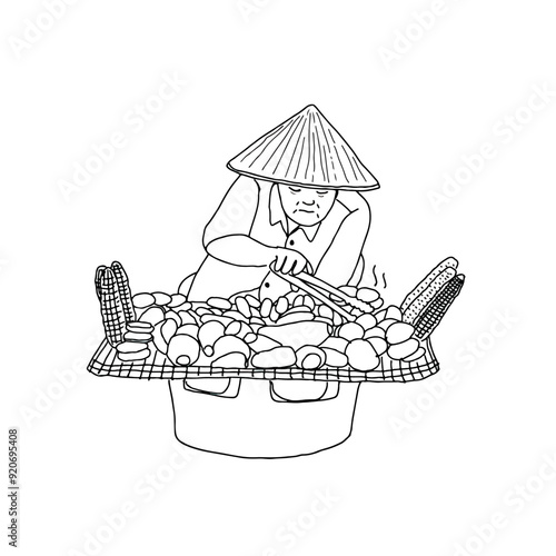 Old woman cooking grilled corn and sweet potato at street food market, hawker in Asia. Outline drawing illustration.