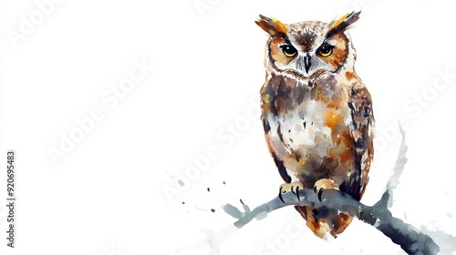 A watercolor illustration of a Halloween owl perched on a branch, wise and mysterious, isolated on white background