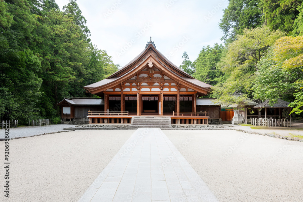 Traditional wooden Japanese temple surrounded by lush greenery Traditional wooden Japanese temple surrounded by lush greenery