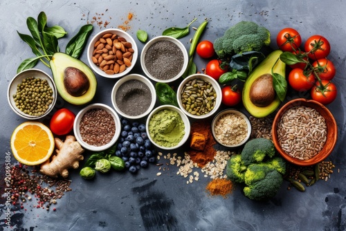 Colorful array of fresh superfoods and seeds on a dark background. Modern food photography style. Used for healthy eating articles and wellness blogs. Generative AI